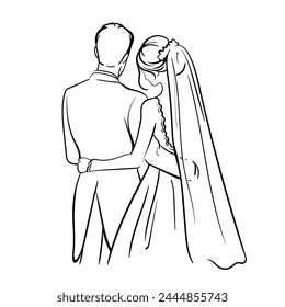 wedding, newlyweds, bride and groom in an embrace, rear view, line art
