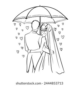 wedding, newlyweds, bride and groom under an umbrella with hearts in an embrace, back view, line art