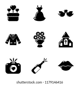 Wedding night icons set. Simple set of 9 wedding night vector icons for web isolated on white background