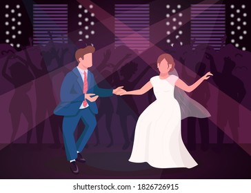 Wedding night party flat color vector illustration. Newlyweds dance in nightclub. Dancefloor for celebratory entertainment. Bride and groom 2D cartoon characters with crowd on background