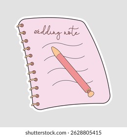 Wedding Note Sticker with Pink Pencil. Vector illustration of a wedding note sticker featuring a pink notebook with spiral binding and a pink pencil, ideal for wedding planning