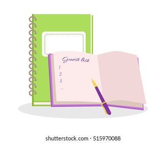 Wedding notebooks vector illustration. Flat design. Two color notepads with guest list and pan on opened page. Preparation for the solemn ceremony. For wedding organization concept. White background