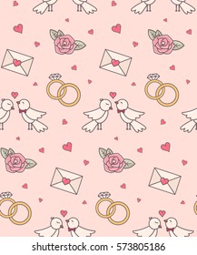Wedding objects seamless pattern. Vector decorative background for sweet romantic design.