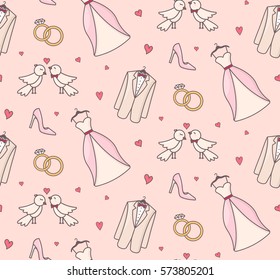 Wedding objects seamless pattern. Vector decorative background for sweet romantic design.