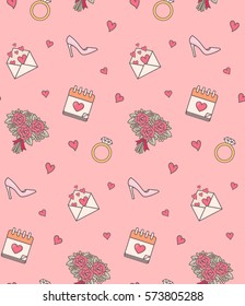 Wedding objects seamless pattern. Vector decorative background for sweet romantic design.