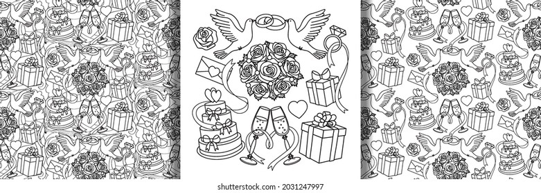 Wedding objects set and seamless patterns. Romantic collection for design, textile prints, coloring page.