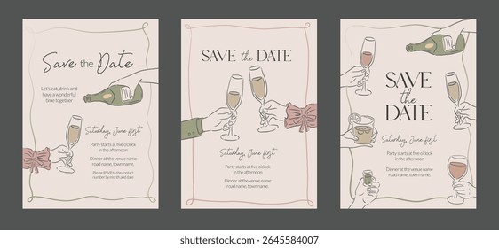 Casamento, Ocasião, Evento de celebração convite modelo de fundo de Champagne e vinho mão desenhado vetor ilustração