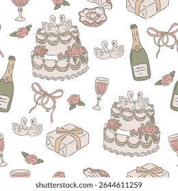 Casamento ocasião desenhado à mão ilustração estilo sem emenda padrão de cisne de bolo e vinho