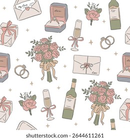 Casamento ocasião desenhado à mão estilo ilustração padrão sem costura de envelope anel e buquê de flores