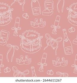 Casamento ocasião desenhado à mão estilo ilustração padrão sem costura bolo rosa e vinho