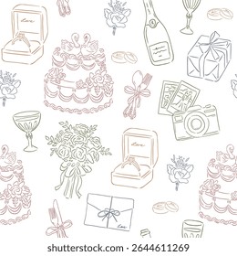 Casamento ocasião desenhado à mão ilustração estilo sem costura padrão de vinho bolo colorido e presente