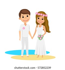 Wedding on the beach. The bride and groom. Flat style. Vector illustration.