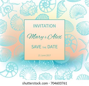 Wedding on the beach. The invitation design. Greeting card with sea shells. Vector illustration