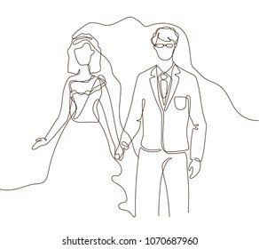 Wedding - one line design style illustration on white background. Happy newly married couple holding hands. A woman in a beautiful dress, handsome man wearing a suit