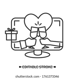 Wedding online broadcasting pictogram. Sparkling wine glasses cheers on video call with love heart linear pictogram. Concept illustration of covid lockdown social life. Editable stroke vector