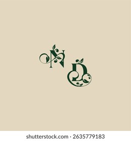 Boda logotipo orgánico DN concepto de elegante hermoso con monograma y letra de hoja