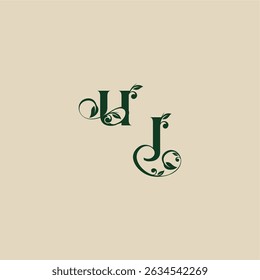 logotipo orgânico de casamento com monograma e conceito de letra de folha de elegante bonito JU