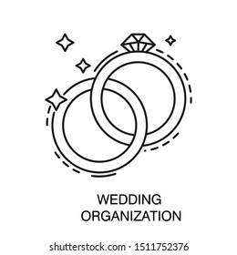 Wedding organization isolated outline icon, bridal or engagement rings, gold ceremonial jewelry vector. Love linear symbol, proposal and marriage ceremony. Party arrangement agency, romantic event