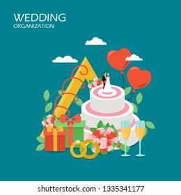 Wedding organization vector flat illustration. Three tiered cake, rings, balloons, gift boxes, bouquet of flowers, two glasses of champagne. Wedding planning services concept for website page etc.
