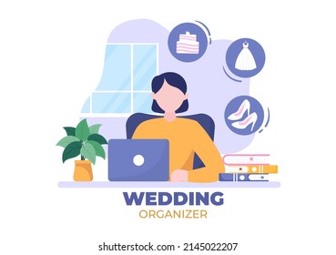 Wedding Organizer Providing Decoration Service or Making Plans Before Married Ceremony in Flat Background Cartoon Style Illustration