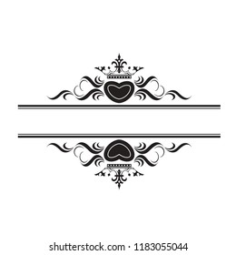 wedding ornamental frame with heart and crown in black vector drawing