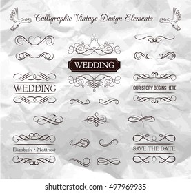 Wedding ornaments decorative elements, vintage ribbon frame, badge. Vector love element. Wedding invitation. Ornate frame elements. Vintage filigree decoration. Ornaments decorative vintage frame. 
