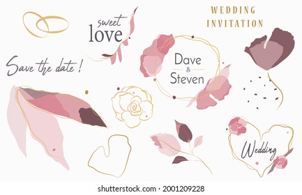 Wedding ornaments floral set. Hand drawn love elements with flowers, leaves, hearts, frames, branches, swirls and romantic texts. For anniversaries, weddings, Valentine's....
