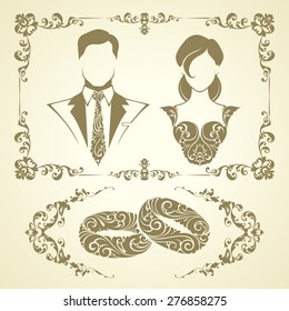Wedding ornate symbols and frames vector set. The bride, groom, couple rings elegant icons 