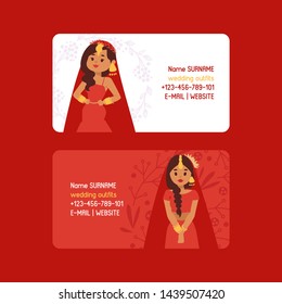 Wedding outfits set of business cards vector illustration. Beautiful indian woman wearing bridal clothing. Traditional celebration, love ceremony, hinduism costume. Red sari. Bollywood star fashion.