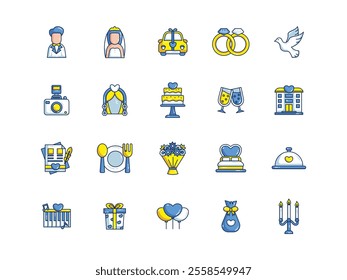 Wedding outline filled vector icons featuring colorful designs of rings, cakes, bouquets, and more. Perfect for wedding invitations, planners, and creative projects.