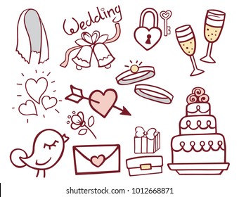 Wedding outline hand drawn icons vector illustration married celebration music groom invitation elements.