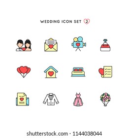 wedding outline icon set. flat color object of marriage illustration with love symbol collection. monoline design perfect for digital invitation, card, website and mobile application design.