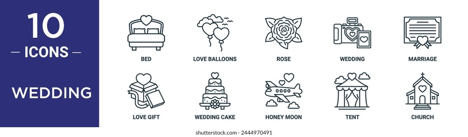 Conjunto de iconos de contorno de boda incluye cama de línea delgada, globos de amor, rosa, boda, matrimonio, regalo de amor, iconos de pastel de bodas para informe, presentación, diagrama, Diseño web