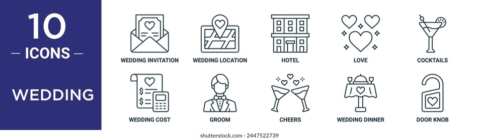 wedding outline icon set includes thin line wedding invitation, wedding location, hotel, love, cocktails, cost, groom icons for report, presentation, diagram, web design