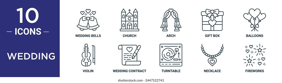 wedding outline icon set includes thin line wedding bells, church, arch, gift box, balloons, violin, wedding contract icons for report, presentation, diagram, web design