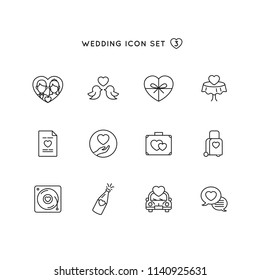wedding outline icon set. object of marriage illustration with love symbol collection. monoline design perfect for digital invitation, card, website and mobile application design.