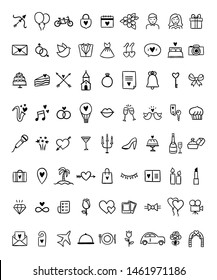 Wedding outline icon set on white background. Hand drawn vector wedding celebration and honey moon illustrations. Cute love symbols