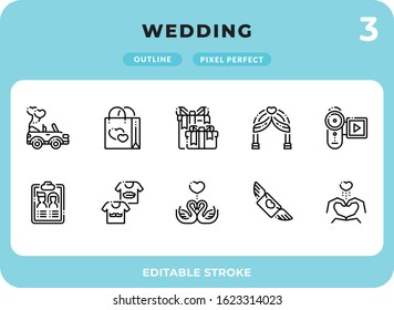 Wedding Outline Icons Pack for UI. Editable Stroke. Pixel perfect thin line vector icon set for web design and website application.
