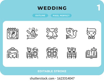 Wedding Outline Icons Pack for UI. Editable Stroke. Pixel perfect thin line vector icon set for web design and website application.
