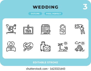 Wedding Outline Icons Pack for UI. Editable Stroke. Pixel perfect thin line vector icon set for web design and website application.
