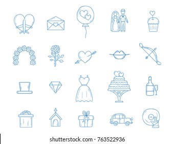 Wedding outline married engagement groom bride icons vector illustration.