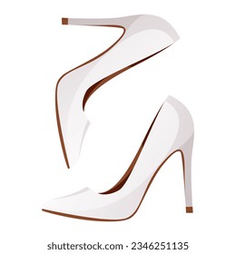 Wedding pair of white bride high heel shoes. Bride's slipper. Her happy day. Wedding day accessories, decorations. Celebrate marriage, save the date ceremony. Vector