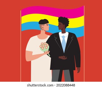 Wedding of pansexual people, pansexuality flag. Flat vector stock illustration. Cisgender or intersex adults. Rights of LGBTQ people. Pansexual couple, family. Wedding ceremony