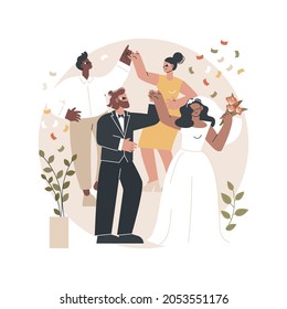 Wedding party abstract concept vector illustration. Wedding planning service, marriage party idea, bride and bridesmaid dress, venue decoration, bouquet design, menu and bar abstract metaphor.