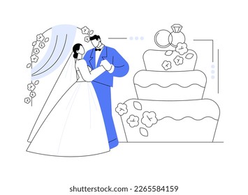 Ilustración vectorial de concepto abstracto del partido de la boda. Servicio de planeamiento de bodas, idea de fiesta matrimonial, vestido de novia y de dama de honor, decoración del recinto, diseño de ramo, menú y metáfora abstracta de bar.