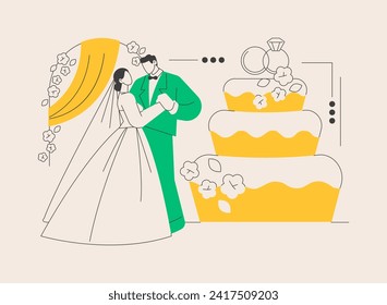 Ilustración vectorial de concepto abstracto del partido de la boda. Servicio de planeamiento de bodas, idea de fiesta matrimonial, vestido de novia y de dama de honor, decoración del recinto, diseño de ramo, menú y metáfora abstracta de bar.