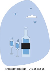 Wedding party, alcohol, champagne glasses, champagne bottle