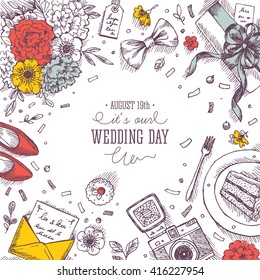 Wedding party background. Linear graphic. Top view vintage illustration. Vector illustration