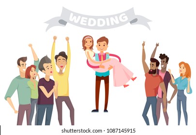 Wedding party banner abstract vector illustration with happy friends of young couple, cheerful groom holding his bride on hands, marriage color card