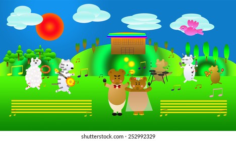wedding party with bears and animal friends in the farm or garden banner .Illustration vector. Outdoor wedding party under red sun and clear blue sky .